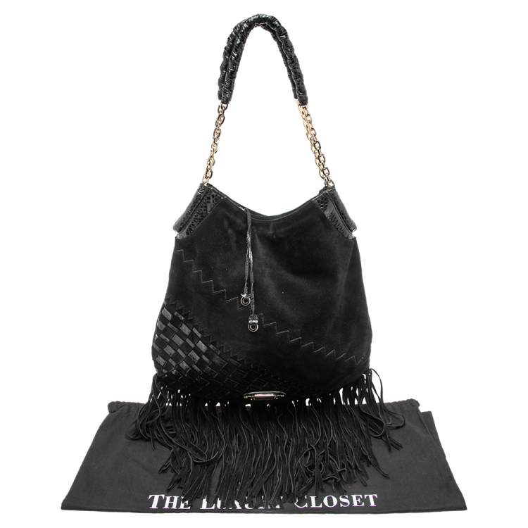 Pre Owned Jimmy Choo Black Suede and Snakeskin Fringed Tatum Hobo