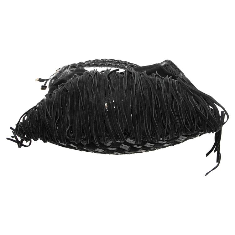 Pre Owned Jimmy Choo Black Suede and Snakeskin Fringed Tatum Hobo