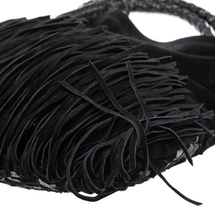 Pre Owned Jimmy Choo Black Suede and Snakeskin Fringed Tatum Hobo