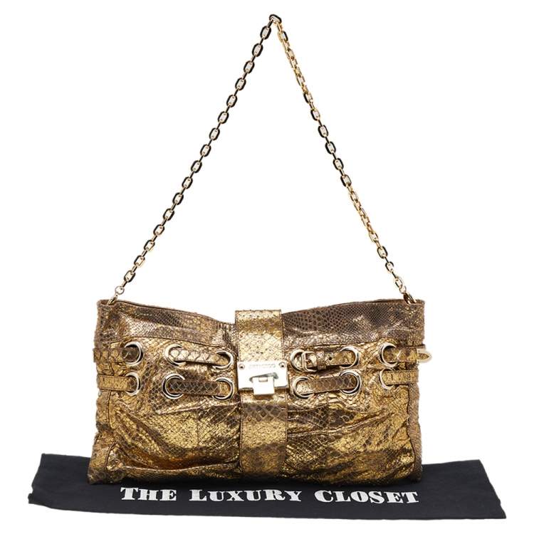 Pre Owned Jimmy Choo Gold Python Oversize Ramona Chain Clutch