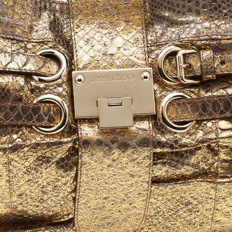 Pre Owned Jimmy Choo Gold Python Oversize Ramona Chain Clutch