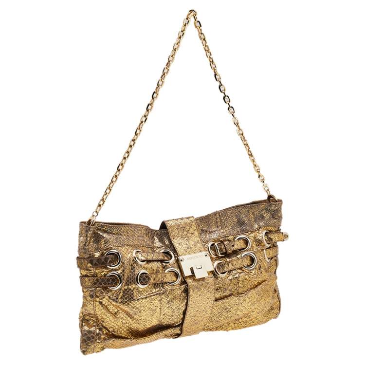 Pre Owned Jimmy Choo Gold Python Oversize Ramona Chain Clutch