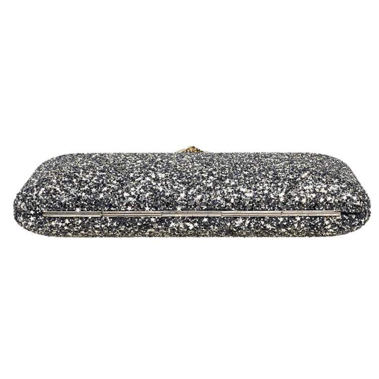 Pre Owned Jimmy Choo Gold/Black Coarse Glitter Ellipse Chain Clutch 