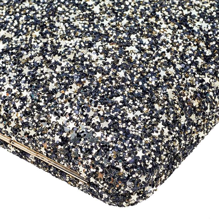 Pre Owned Jimmy Choo Gold/Black Coarse Glitter Ellipse Chain Clutch 