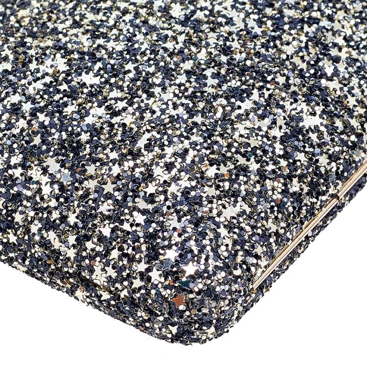 Pre Owned Jimmy Choo Gold/Black Coarse Glitter Ellipse Chain Clutch 