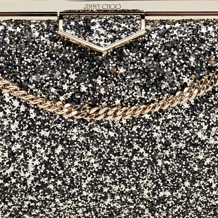 Pre Owned Jimmy Choo Gold/Black Coarse Glitter Ellipse Chain Clutch 