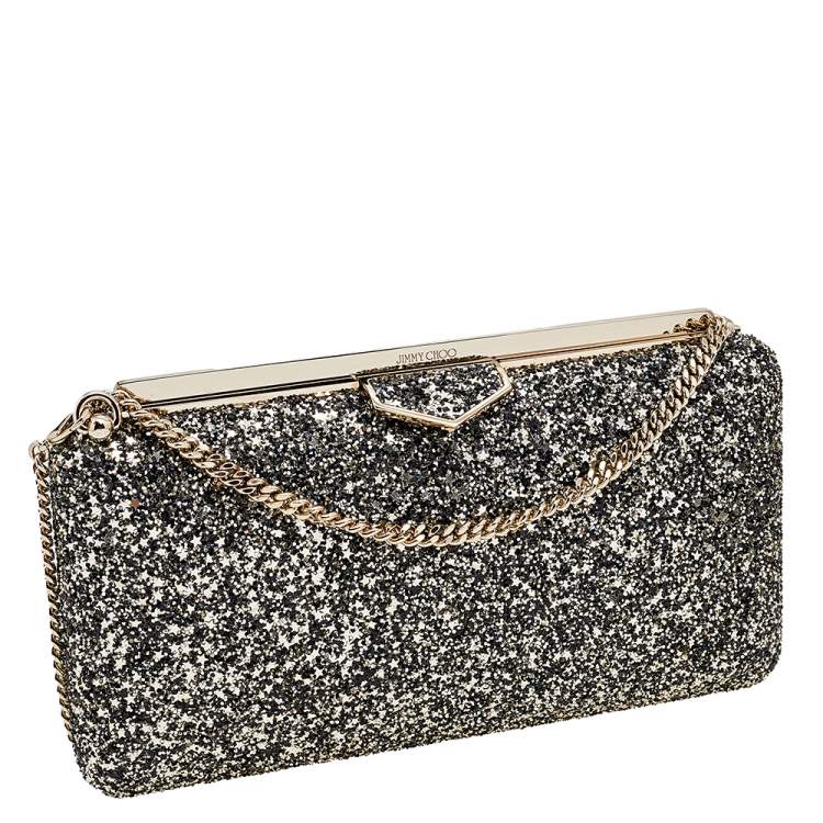 Pre Owned Jimmy Choo Gold/Black Coarse Glitter Ellipse Chain Clutch 