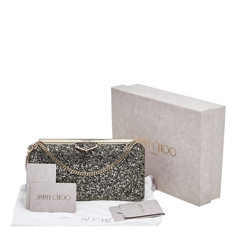 Pre Owned Jimmy Choo Gold/Black Coarse Glitter Ellipse Chain Clutch 