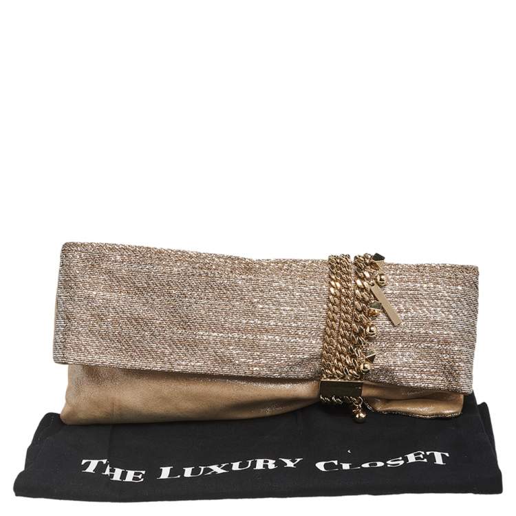 Pre Owned Jimmy Choo Metallic Beige/Silver Lurex Fabric and Suede Chandra Embellished Clutch