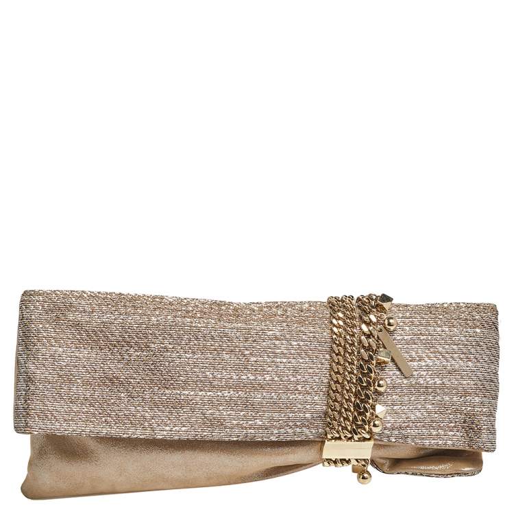 Pre Owned Jimmy Choo Metallic Beige/Silver Lurex Fabric and Suede Chandra Embellished Clutch