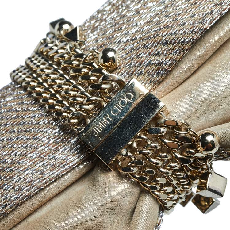 Pre Owned Jimmy Choo Metallic Beige/Silver Lurex Fabric and Suede Chandra Embellished Clutch