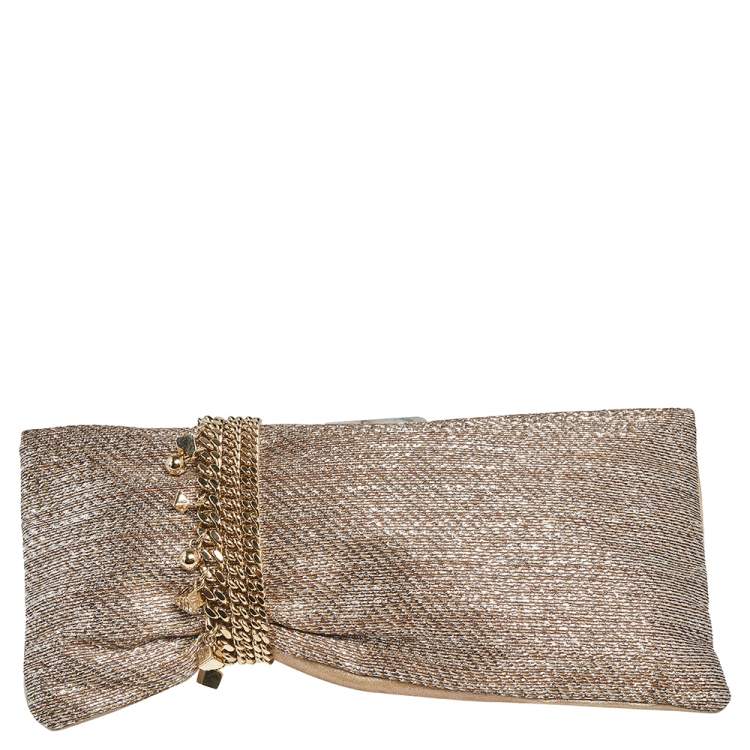 Pre Owned Jimmy Choo Metallic Beige/Silver Lurex Fabric and Suede Chandra Embellished Clutch