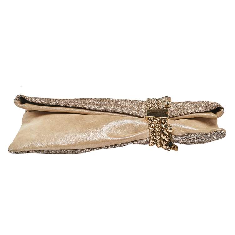 Pre Owned Jimmy Choo Metallic Beige/Silver Lurex Fabric and Suede Chandra Embellished Clutch