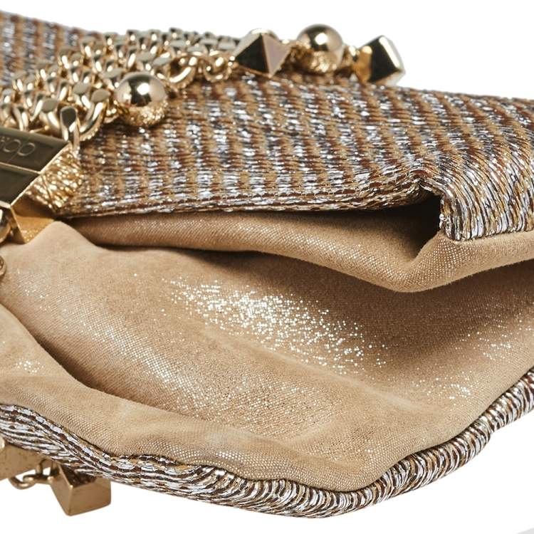 Pre Owned Jimmy Choo Metallic Beige/Silver Lurex Fabric and Suede Chandra Embellished Clutch