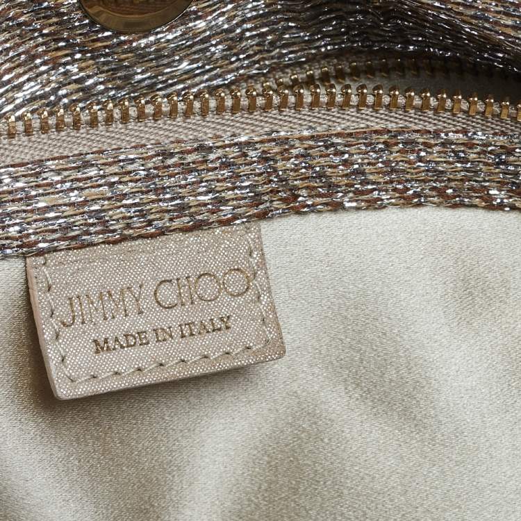 Pre Owned Jimmy Choo Metallic Beige/Silver Lurex Fabric and Suede Chandra Embellished Clutch