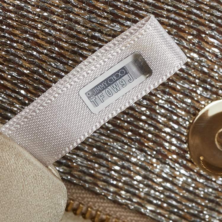 Pre Owned Jimmy Choo Metallic Beige/Silver Lurex Fabric and Suede Chandra Embellished Clutch