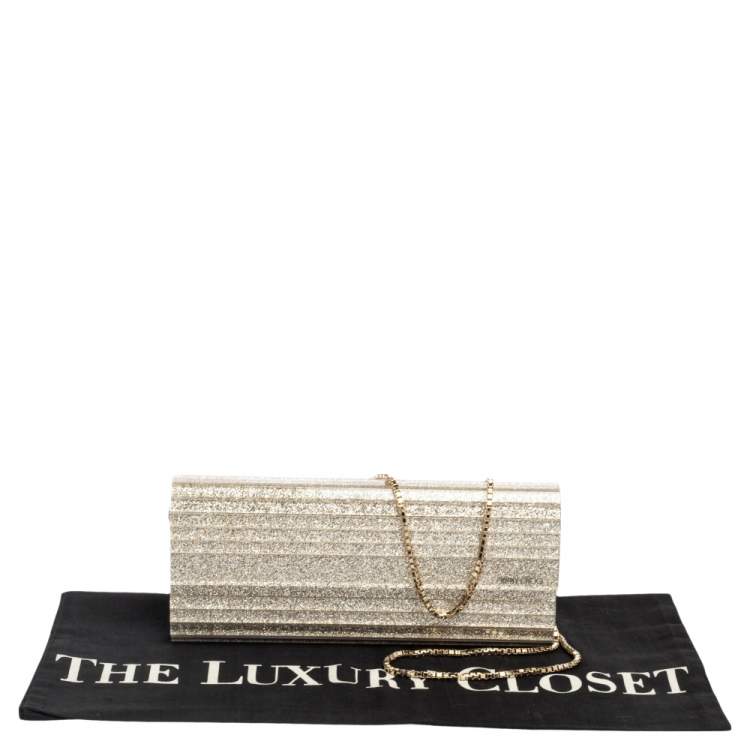 Pre Owned Jimmy Choo Gold Champagne Glitter Acrylic Sweetie Chain Clutch