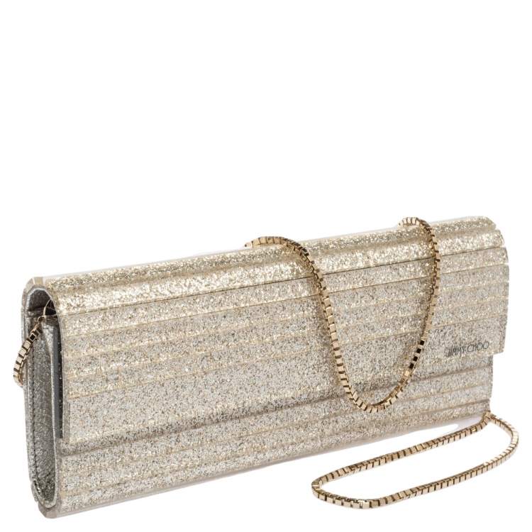 Pre Owned Jimmy Choo Gold Champagne Glitter Acrylic Sweetie Chain Clutch