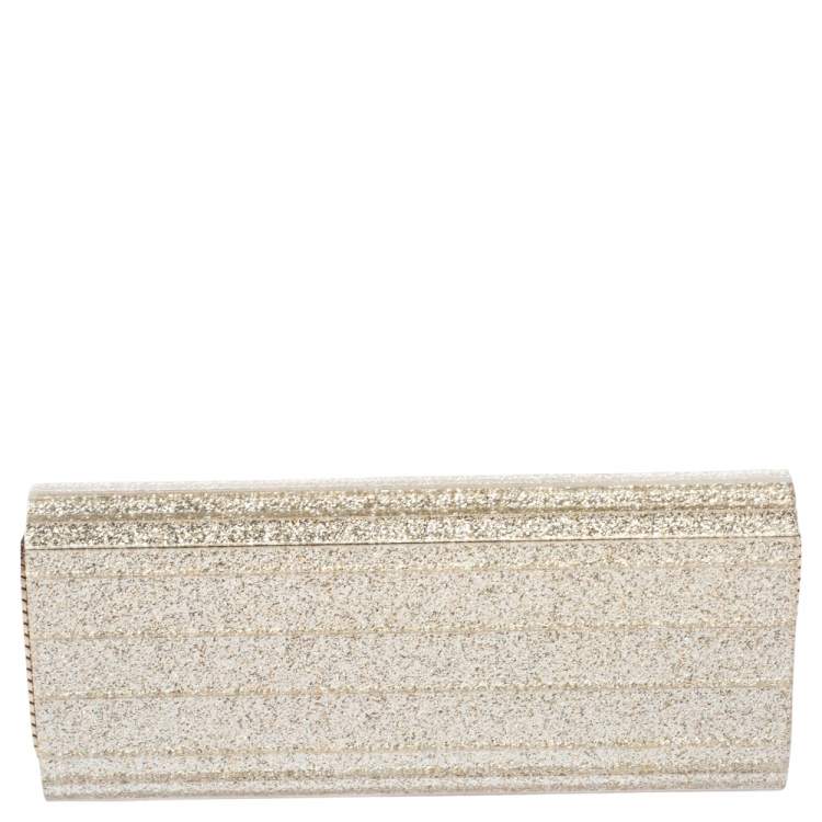 Pre Owned Jimmy Choo Gold Champagne Glitter Acrylic Sweetie Chain Clutch