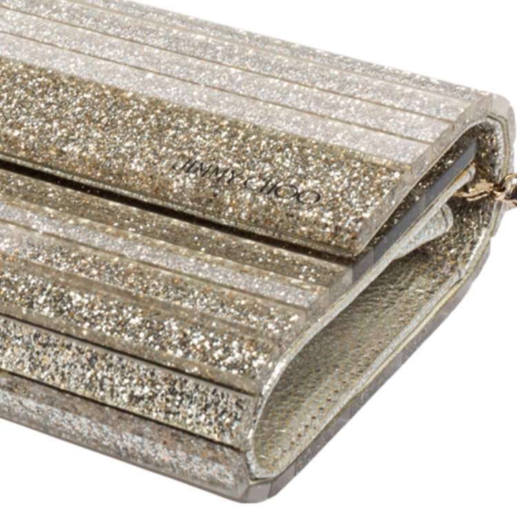 Pre Owned Jimmy Choo Gold Champagne Glitter Acrylic Sweetie Chain Clutch