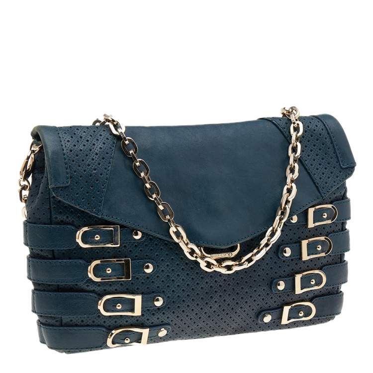 مملوكة مسبقًا Jimmy Choo Blue Leather Brix Chain Clutch