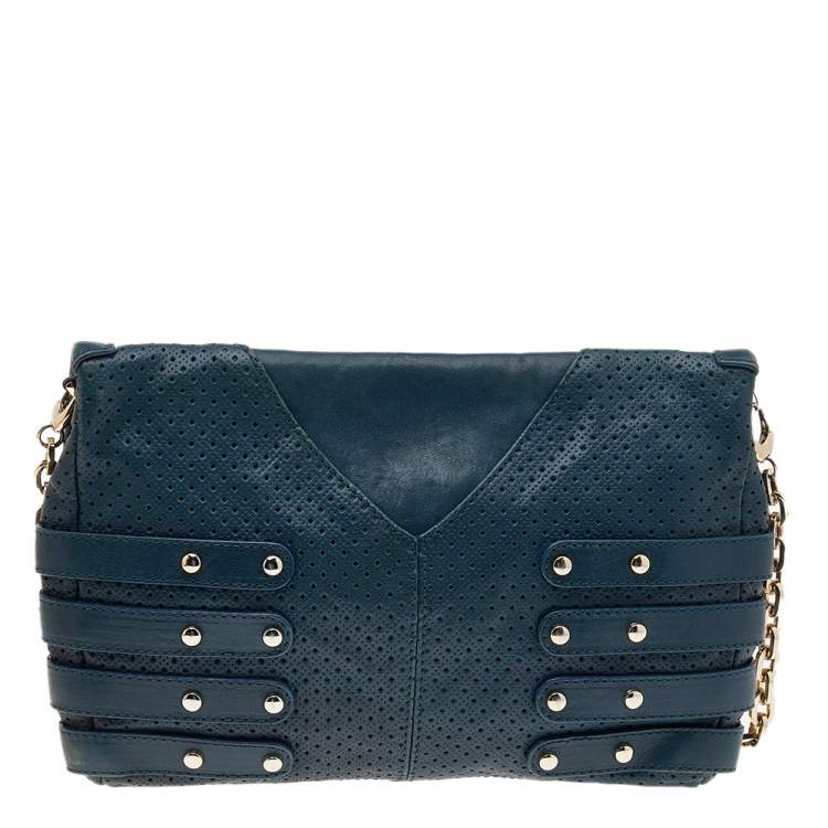 مملوكة مسبقًا Jimmy Choo Blue Leather Brix Chain Clutch