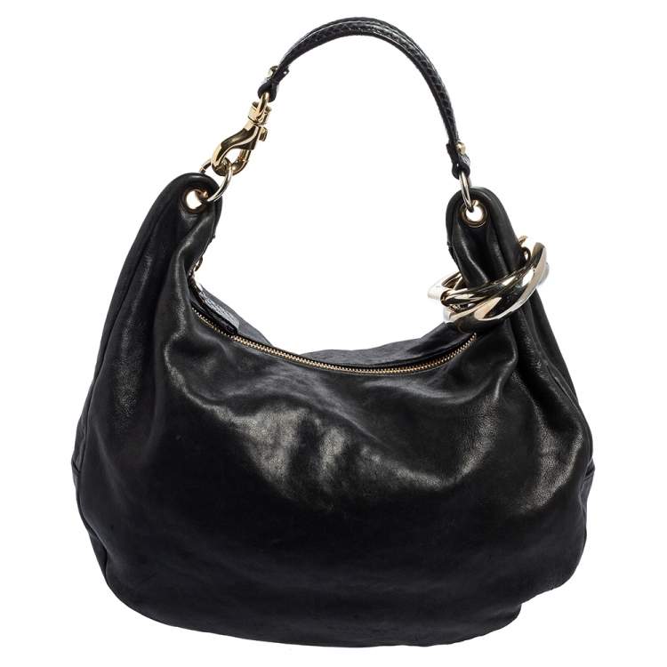 Pre Owned Jimmy Choo Black Leather and Snakeskin Trim Sky Hobo
