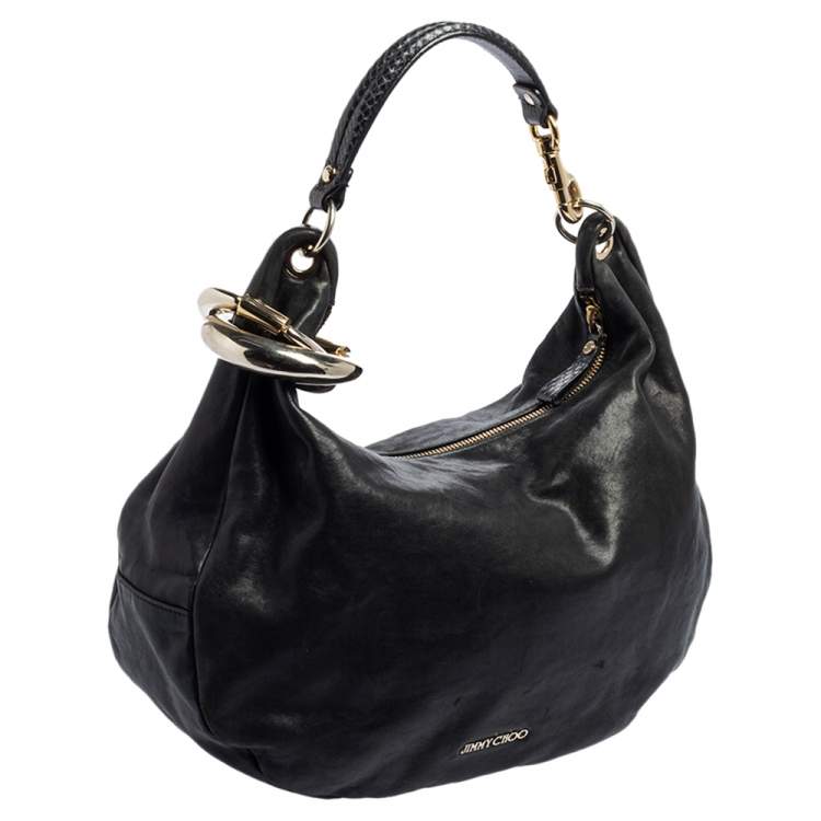 Pre Owned Jimmy Choo Black Leather and Snakeskin Trim Sky Hobo