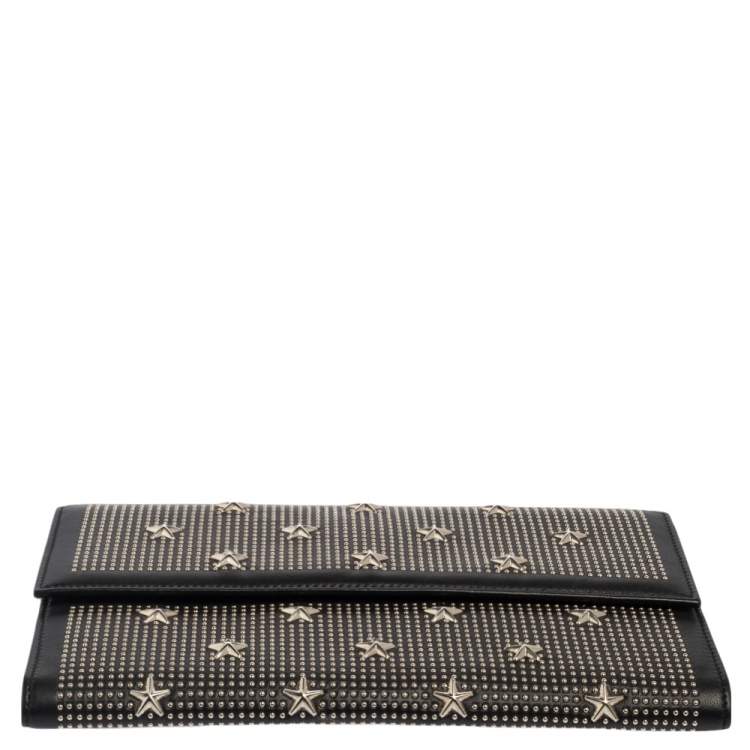 Pre Owned Jimmy Choo Black Leather Star Studded Flap Clutch