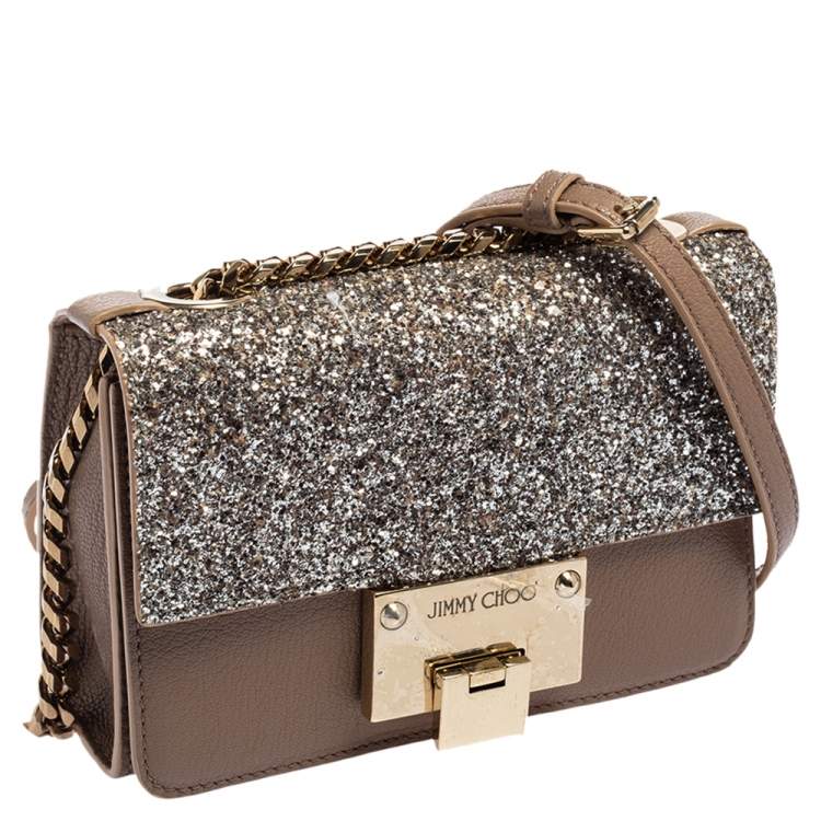 مملوكة مسبقًا Jimmy Choo Taupe/Silver Glitter and Leather Mini Rebel Crossbody Bag