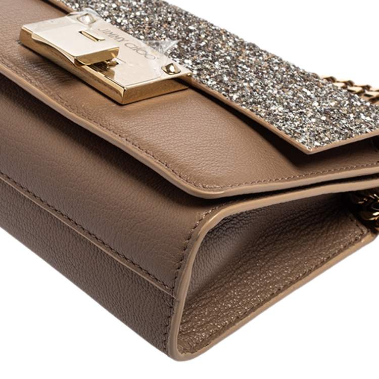 مملوكة مسبقًا Jimmy Choo Taupe/Silver Glitter and Leather Mini Rebel Crossbody Bag