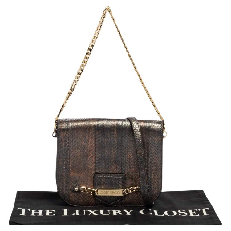 Pre Owned Jimmy Choo Metallic Bronze/Gunmetal Python Shadow Crossbody Bag