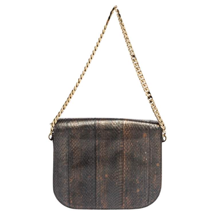 Pre Owned Jimmy Choo Metallic Bronze/Gunmetal Python Shadow Crossbody Bag