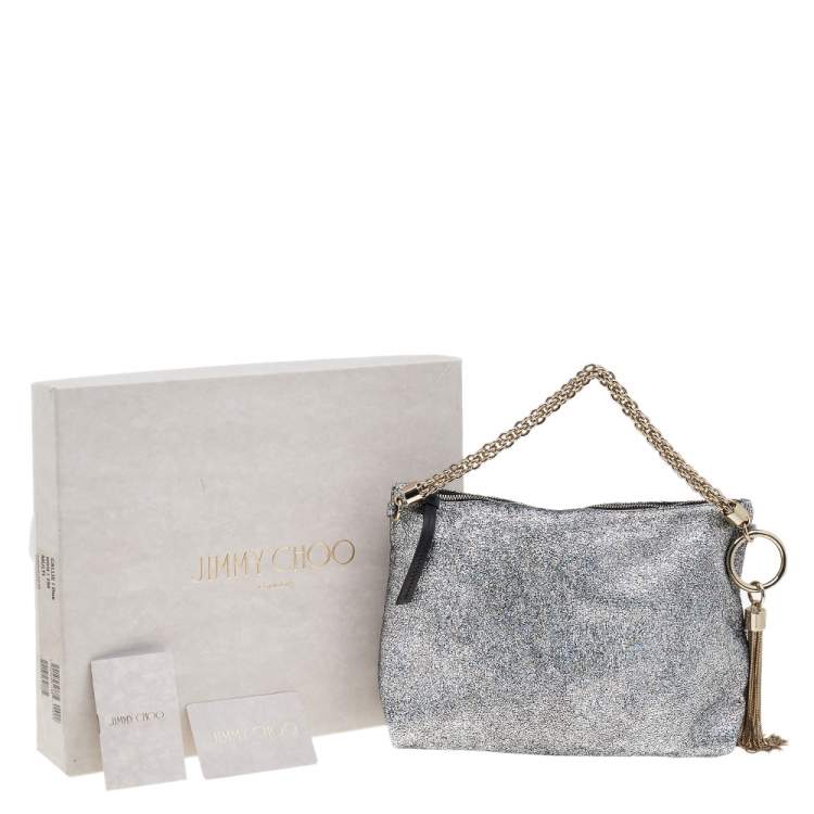 مملوكة مسبقًا Jimmy Choo Silver Glitter Fabric Chain Clutch
