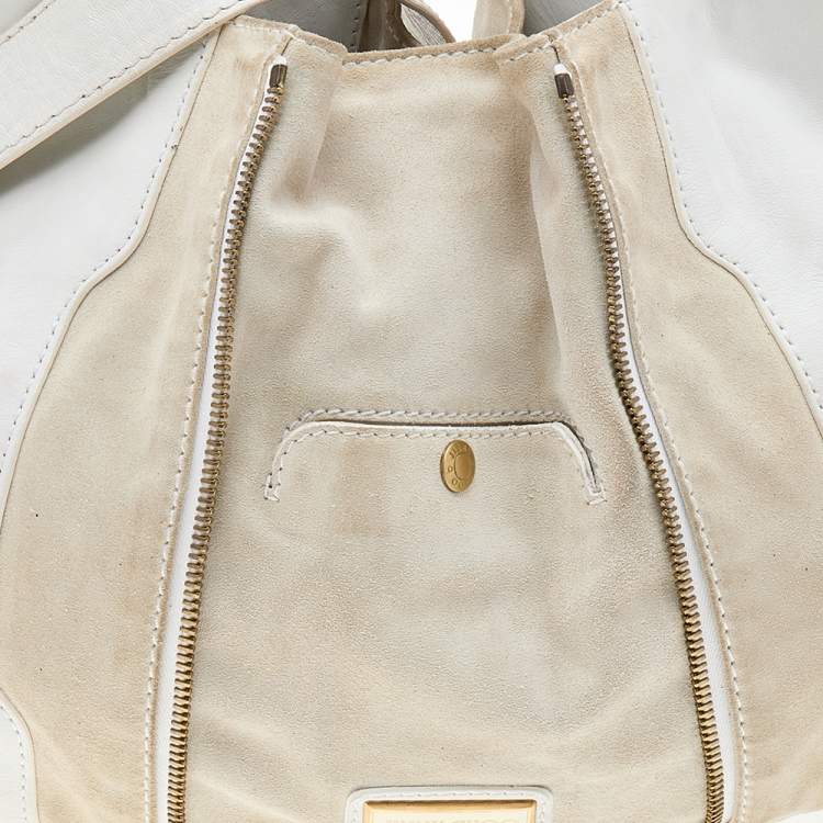 Pre Owned Jimmy Choo White/Light Beige Leather and Suede Maia Hobo