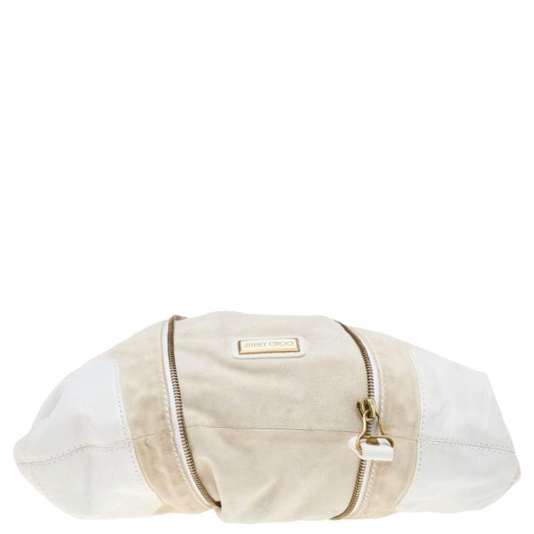 Pre Owned Jimmy Choo White/Light Beige Leather and Suede Maia Hobo