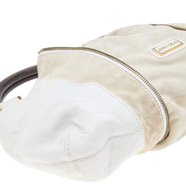 Pre Owned Jimmy Choo White/Light Beige Leather and Suede Maia Hobo