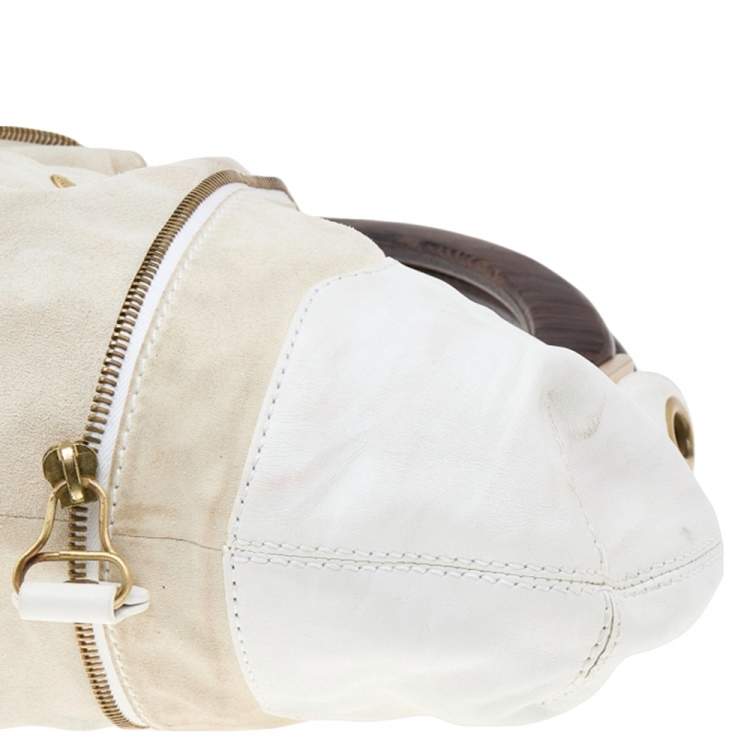 Pre Owned Jimmy Choo White/Light Beige Leather and Suede Maia Hobo