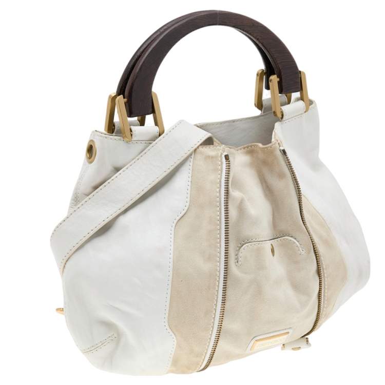 Pre Owned Jimmy Choo White/Light Beige Leather and Suede Maia Hobo