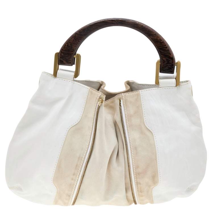 Pre Owned Jimmy Choo White/Light Beige Leather and Suede Maia Hobo