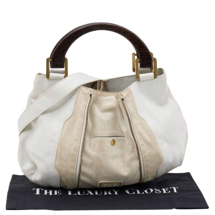 Pre Owned Jimmy Choo White/Light Beige Leather and Suede Maia Hobo