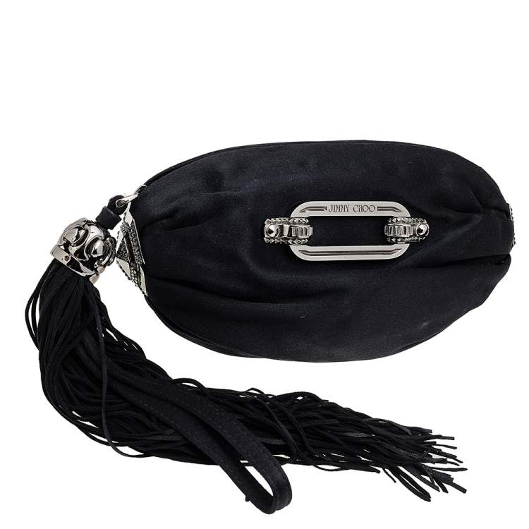 Pre Owned Jimmy Choo Black Satin Crystal Embellished Tassel Clutch