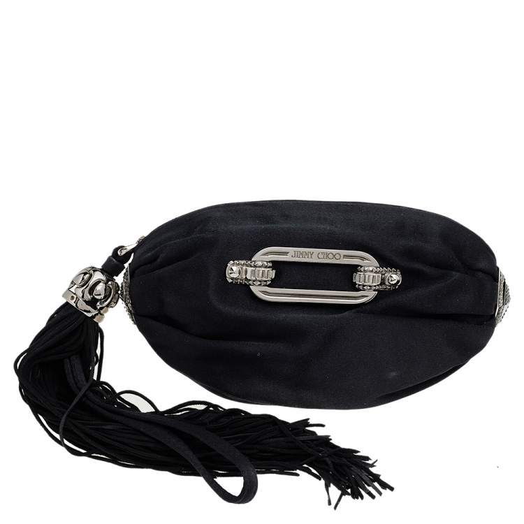 Pre Owned Jimmy Choo Black Satin Crystal Embellished Tassel Clutch