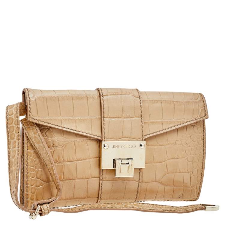 Pre Owned Jimmy Choo Beige Croc Embossed Leather Clutch