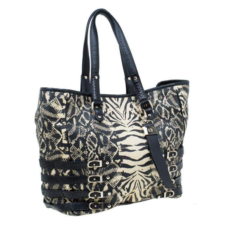 Pre Owned Jimmy Choo Black/Beige Printed Raffia Babeth Shopper Tote