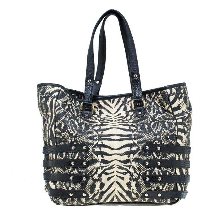 Pre Owned Jimmy Choo Black/Beige Printed Raffia Babeth Shopper Tote