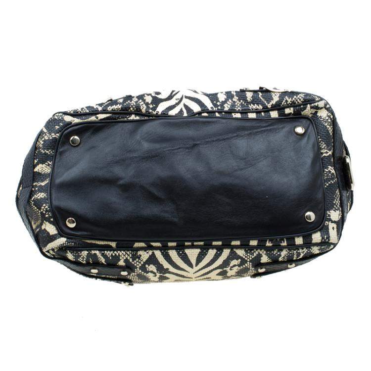 Pre Owned Jimmy Choo Black/Beige Printed Raffia Babeth Shopper Tote