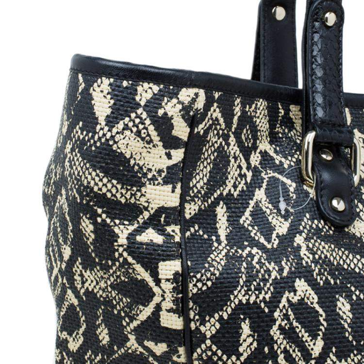 Pre Owned Jimmy Choo Black/Beige Printed Raffia Babeth Shopper Tote