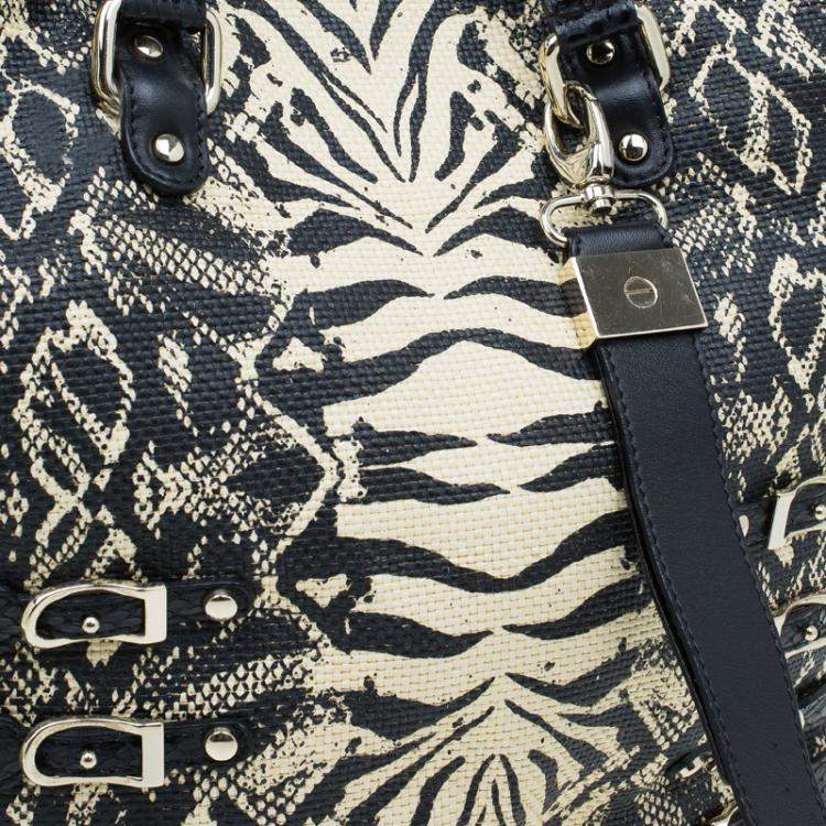 Pre Owned Jimmy Choo Black/Beige Printed Raffia Babeth Shopper Tote