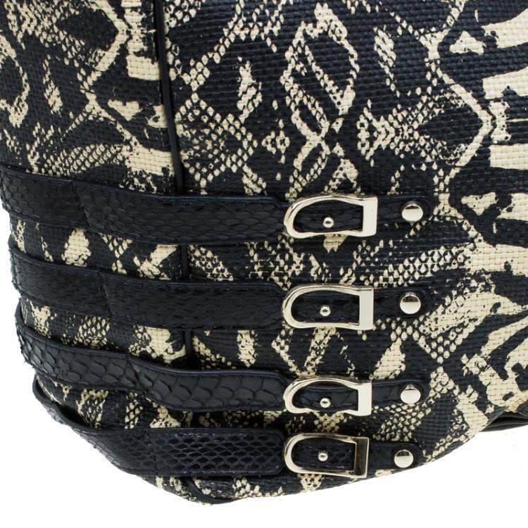 Pre Owned Jimmy Choo Black/Beige Printed Raffia Babeth Shopper Tote